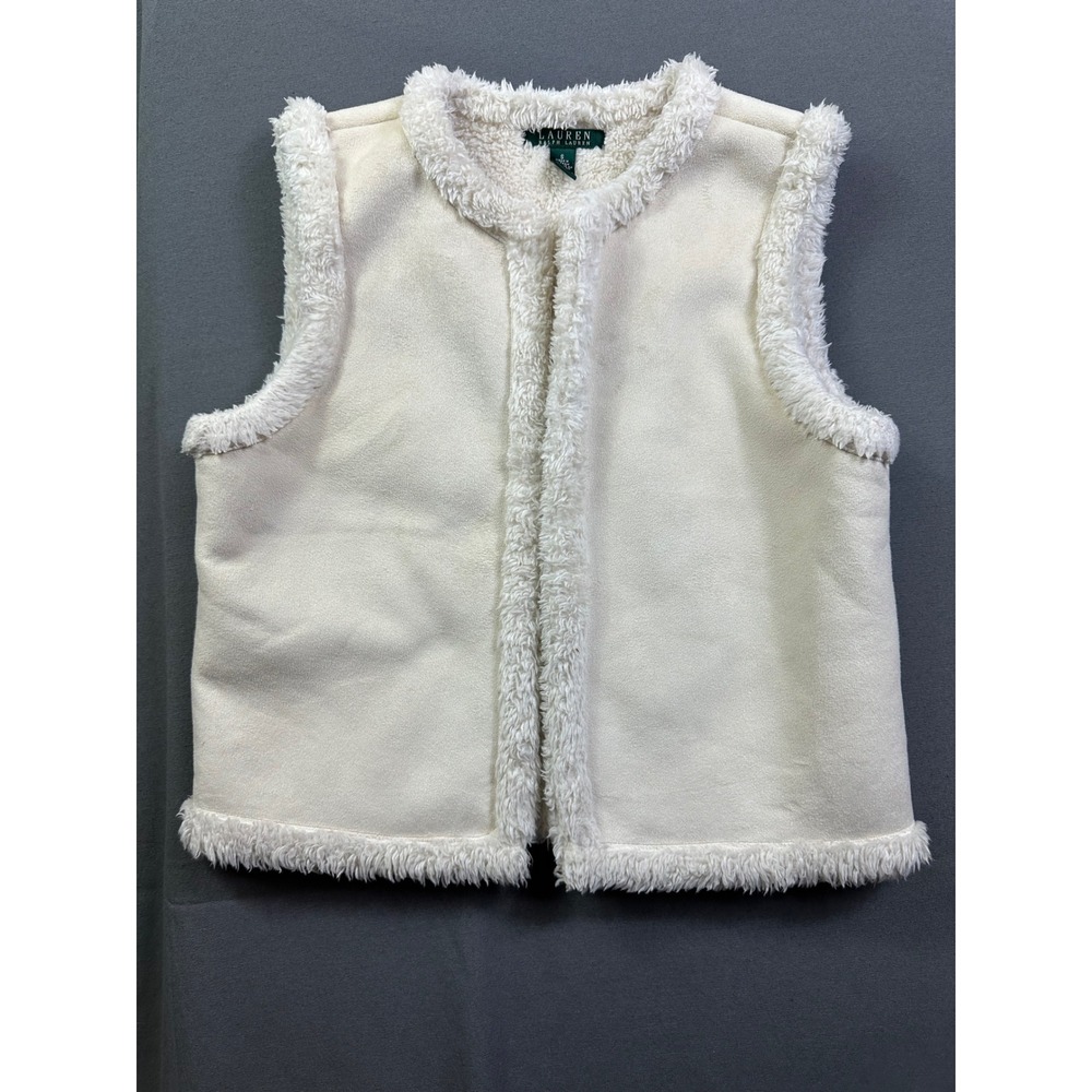 Lauren‎ Ralph Lauren Faux Suede Shearling Trim Open Front Vest Cream Small